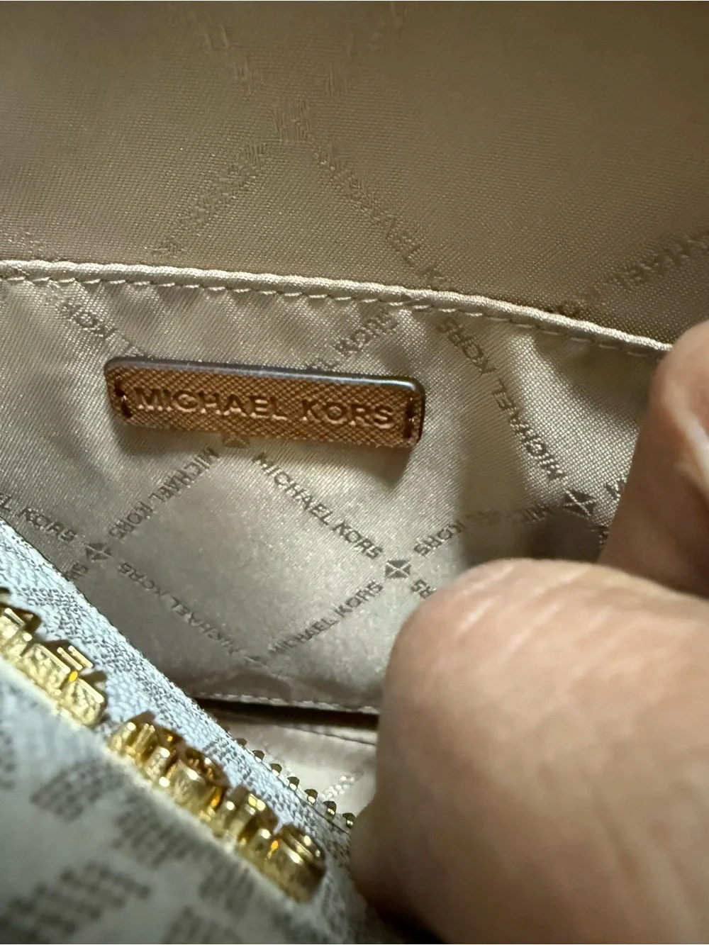 Michael Kors Beige Signature Dome Crossbody with Gold Hardware